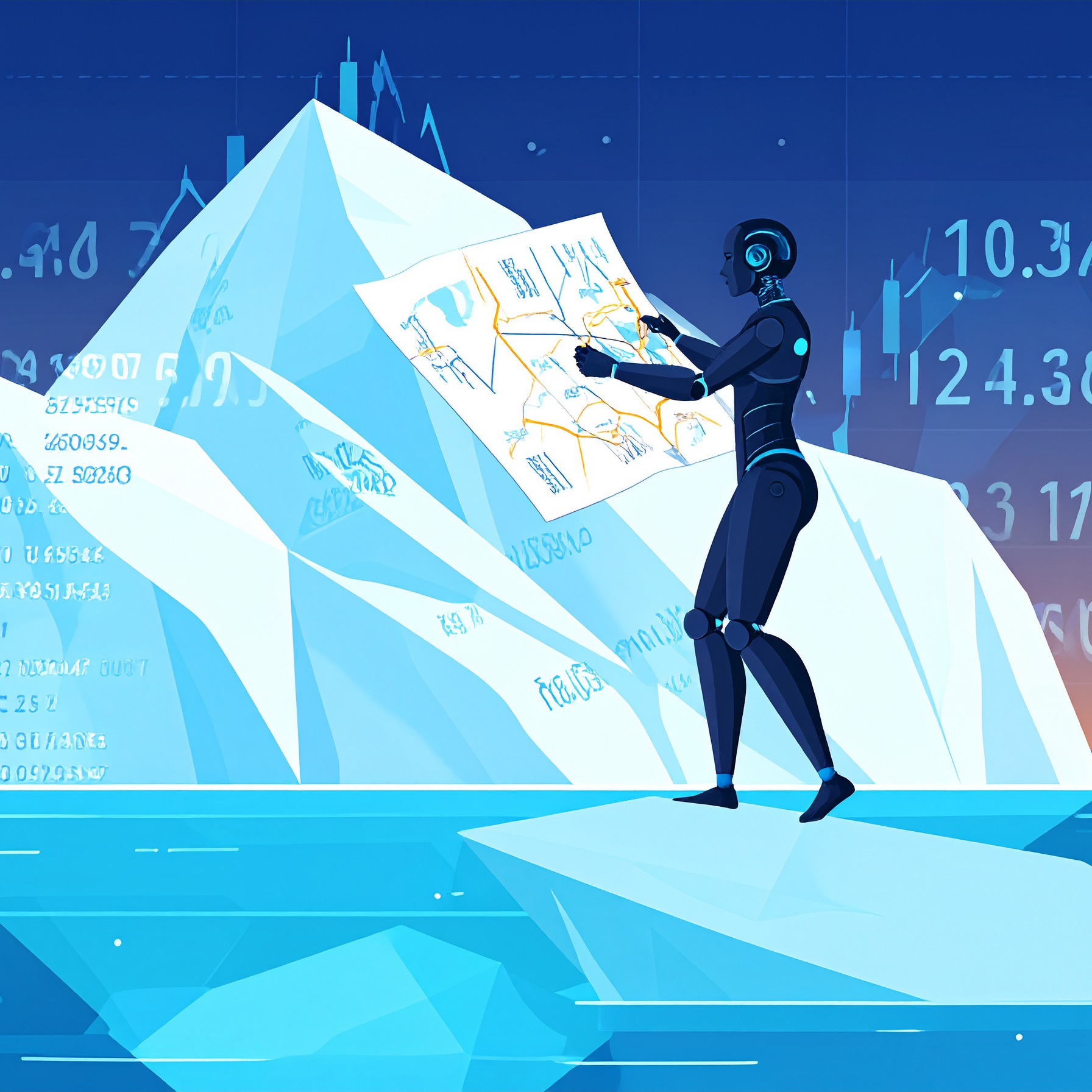 AI prompt: A humanoid robot traversing an iceberg with a map in hand; the iceberg is comprised of numbers in a spreadsheet AI prompt: A humanoid robot traversing an iceberg with a map in hand; the iceberg is comprised of numbers in a spreadsheet